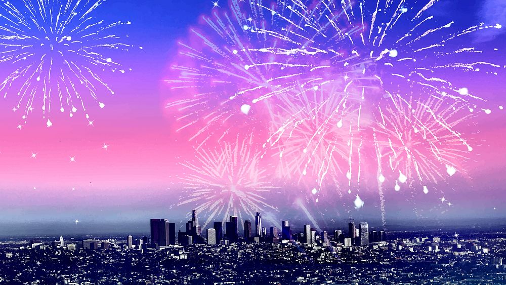 New year desktop wallpaper vector, fireworks celebration over city at night design