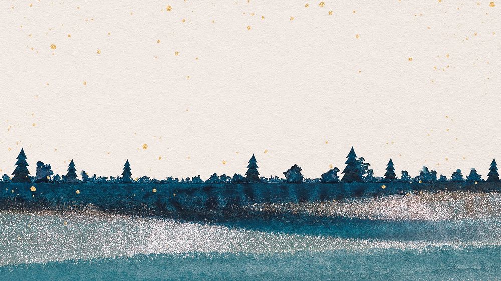 Winter forest desktop wallpaper, blue watercolor holiday design