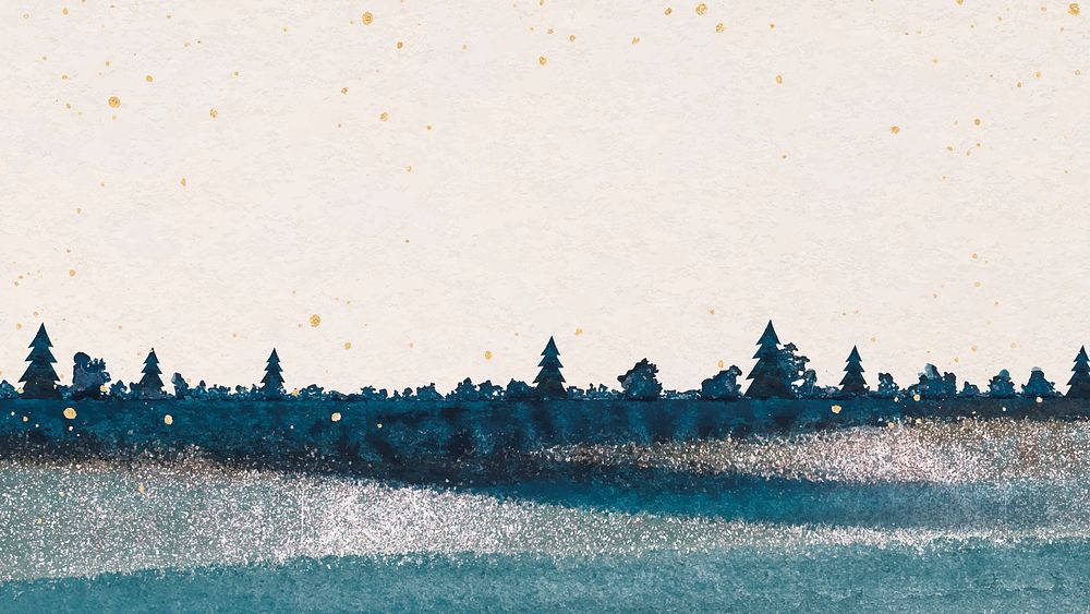 Winter forest desktop wallpaper, blue watercolor holiday design vector