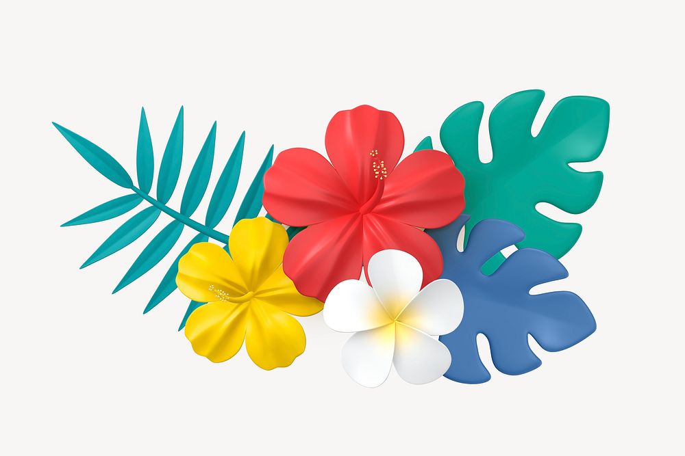 3D tropical flower collage element, botanical design psd