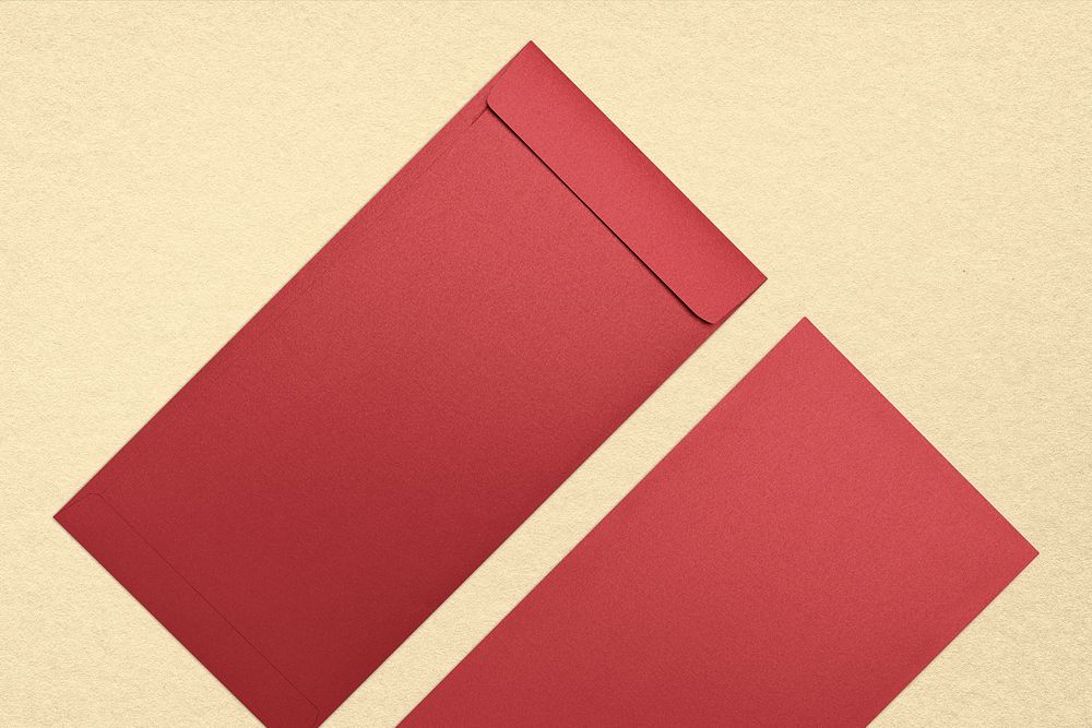 Red Chinese money envelope, flat lay with design space