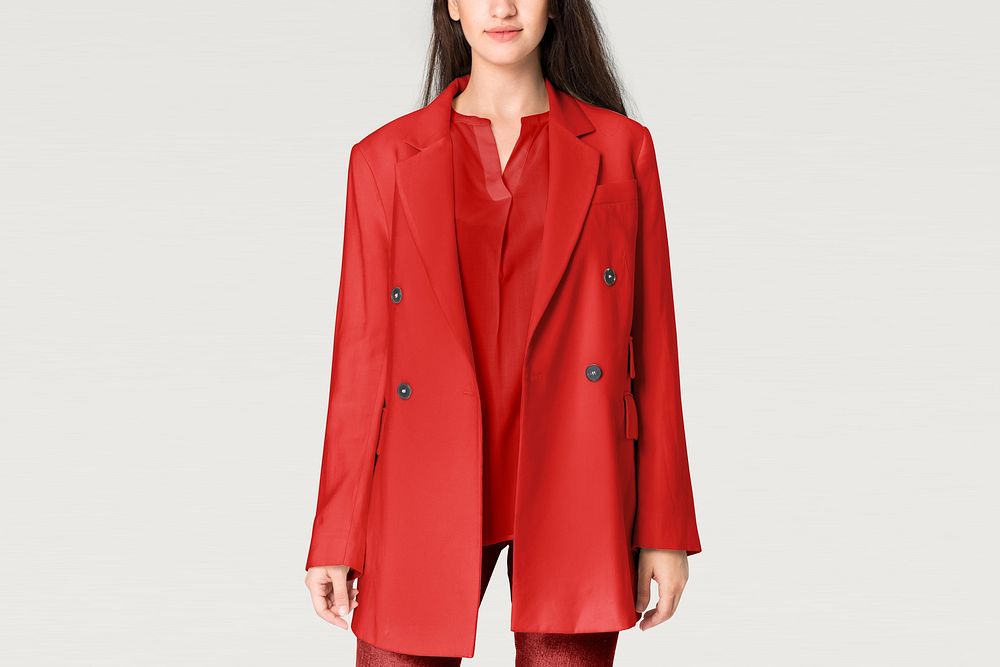 Women's red coat, winter apparel in realistic design