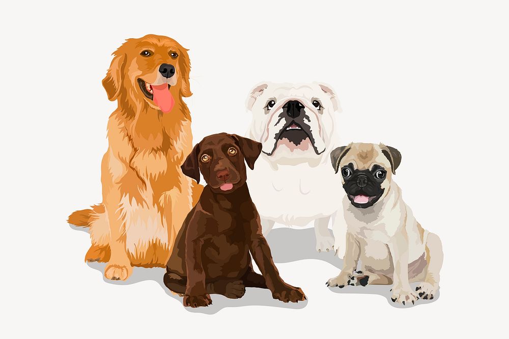 Group of dogs, different breeds illustration psd