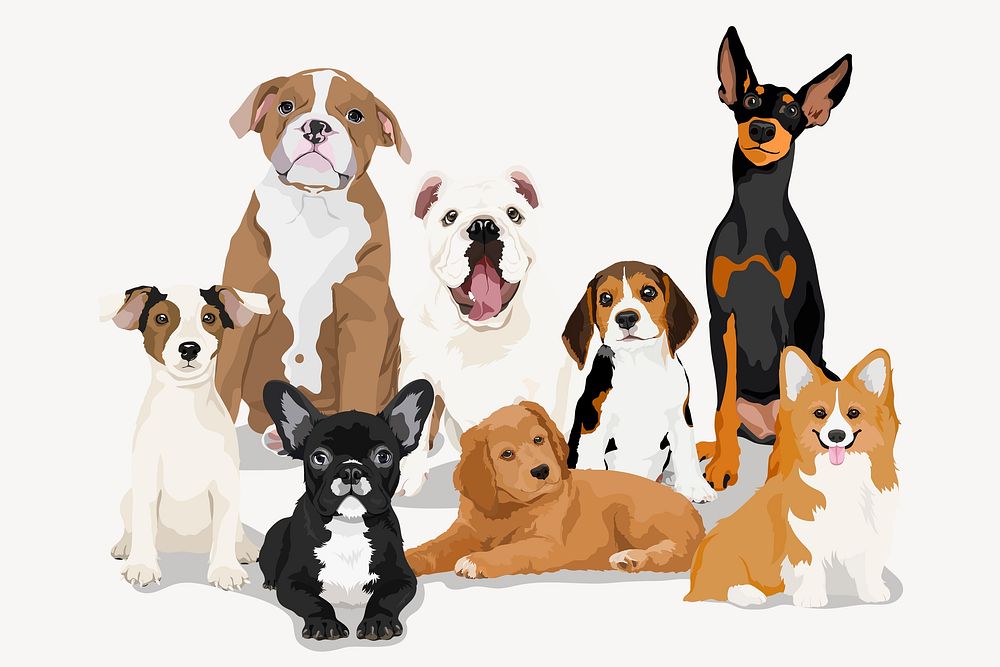 Dogs and puppies, adoption campaign illustration psd