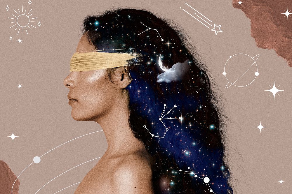 Woman side portrait background, blindfolded celestial mixed media illustration psd