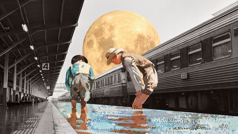 Surreal escapism HD wallpaper, train station remixed media background