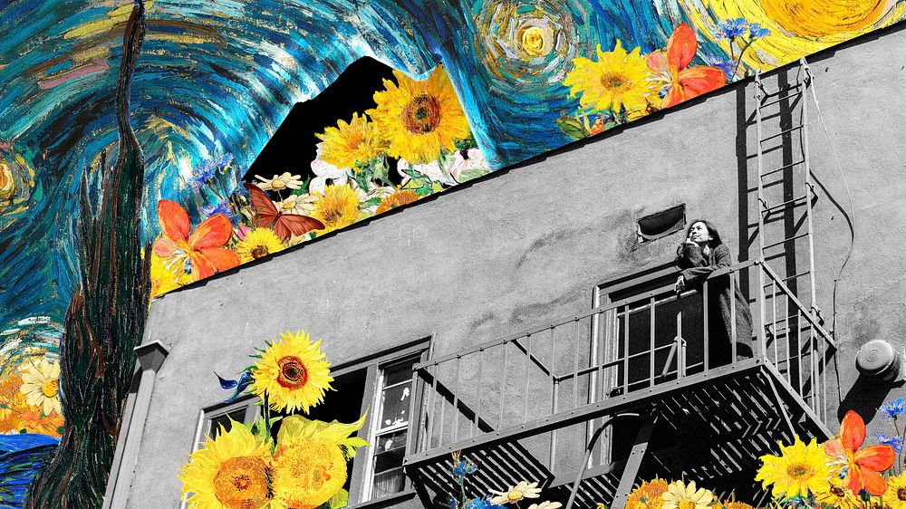 Computer wallpaper, Starry Night mixed media, Van Gogh's artwork remixed by rawpixel