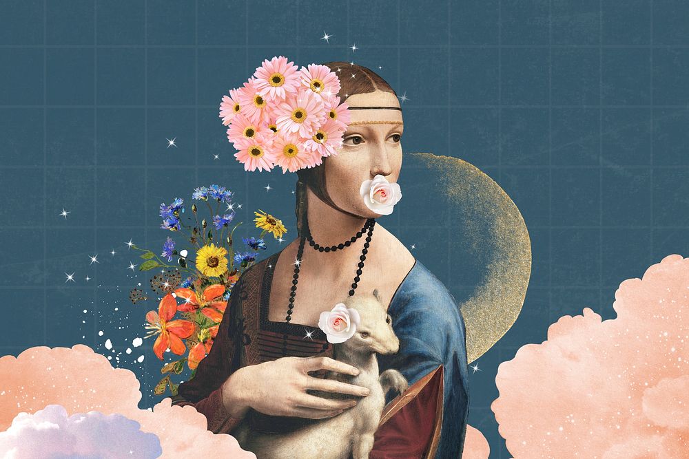 Lady with an Ermine collage art, Da Vinci's illustration remixed by rawpixel psd