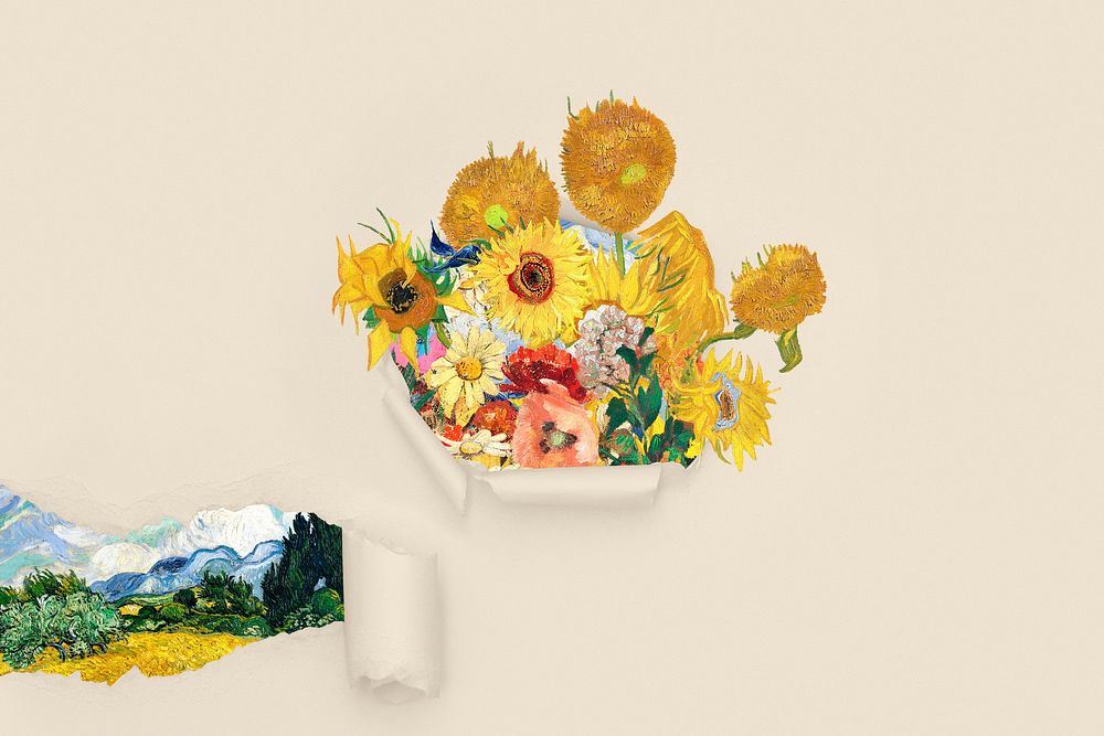 Sunflower torn paper background, Van Gogh's artwork remixed by rawpixel