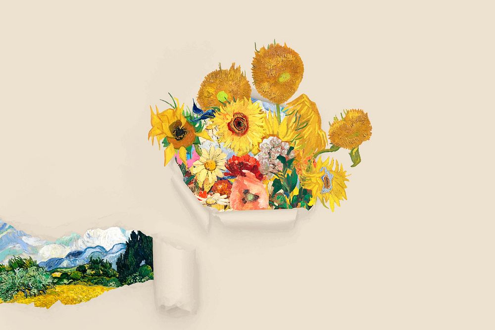 Sunflower torn paper mixed media, Van Gogh's artwork remixed by rawpixel vector