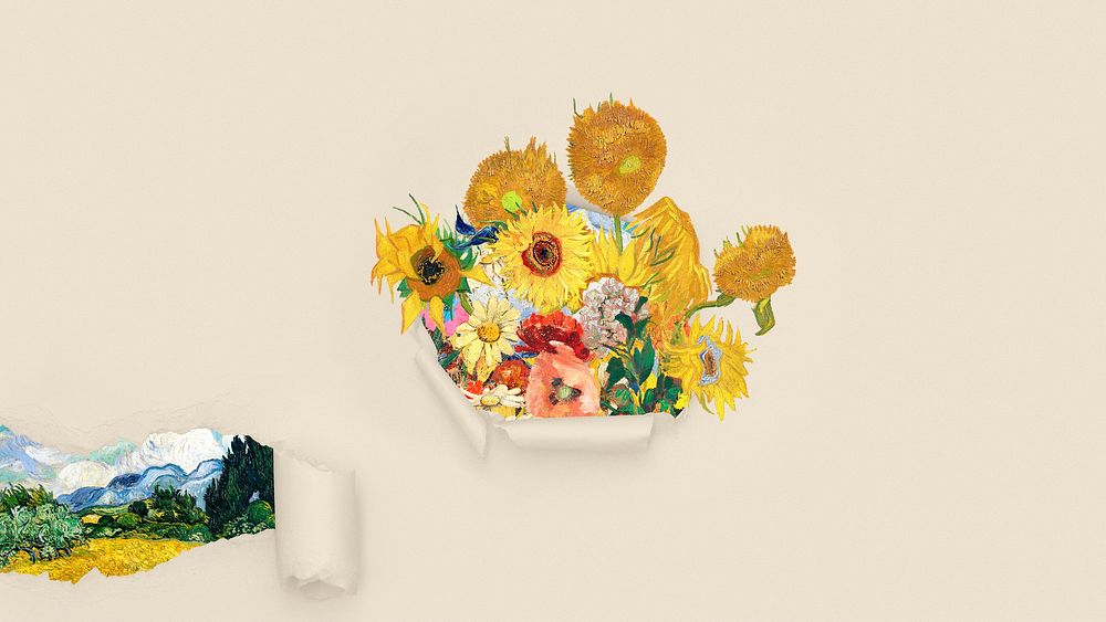 Sunflower torn paper desktop wallpaper, Van Gogh's artwork remixed by rawpixel