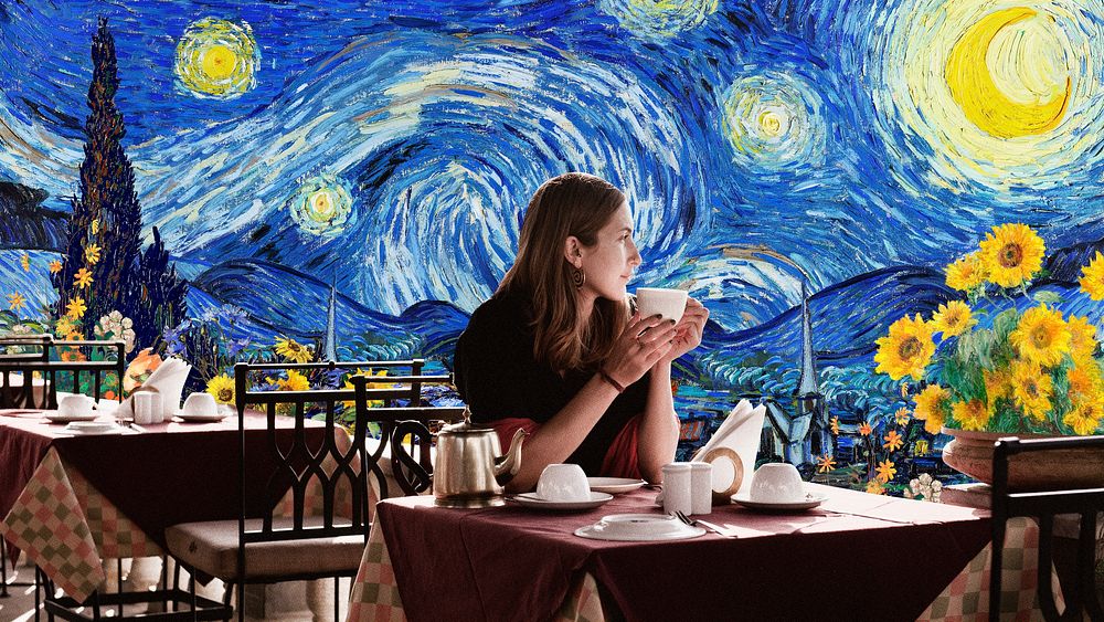 Starry Night desktop wallpaper, woman at terrace, Van Gogh's artwork remixed by rawpixel