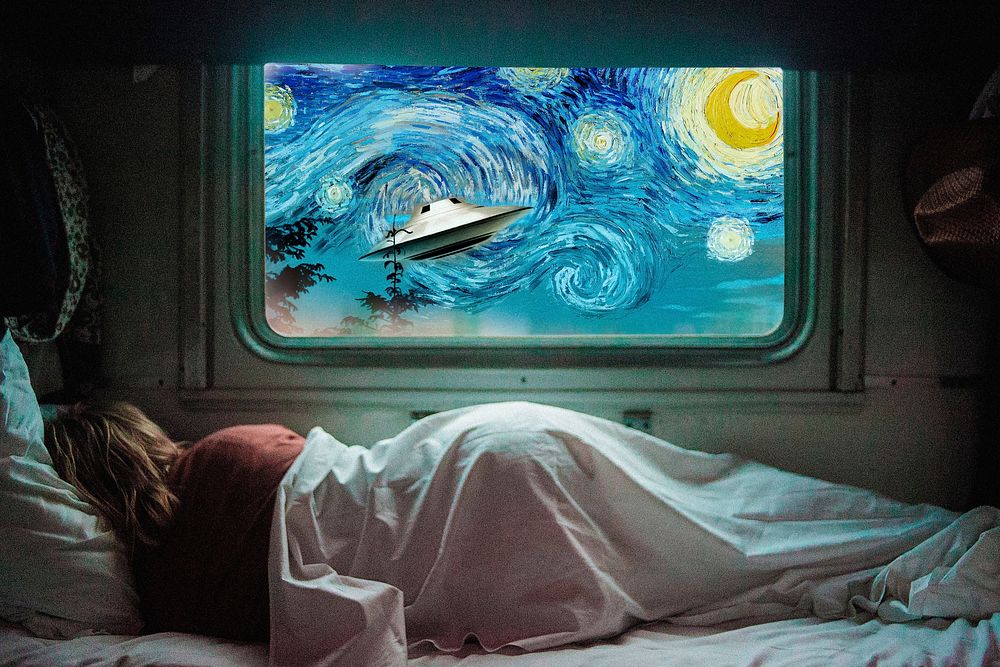 Starry Night background, woman sleeping mixed media, remixed by rawpixel