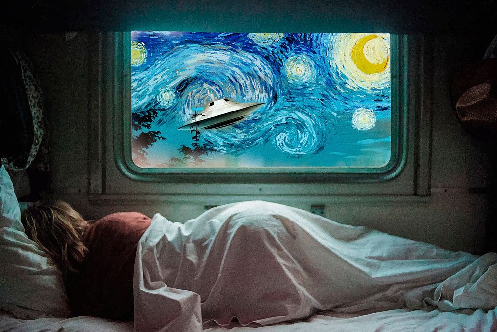 Starry Night, woman sleeping  mixed media, remixed by rawpixel vector