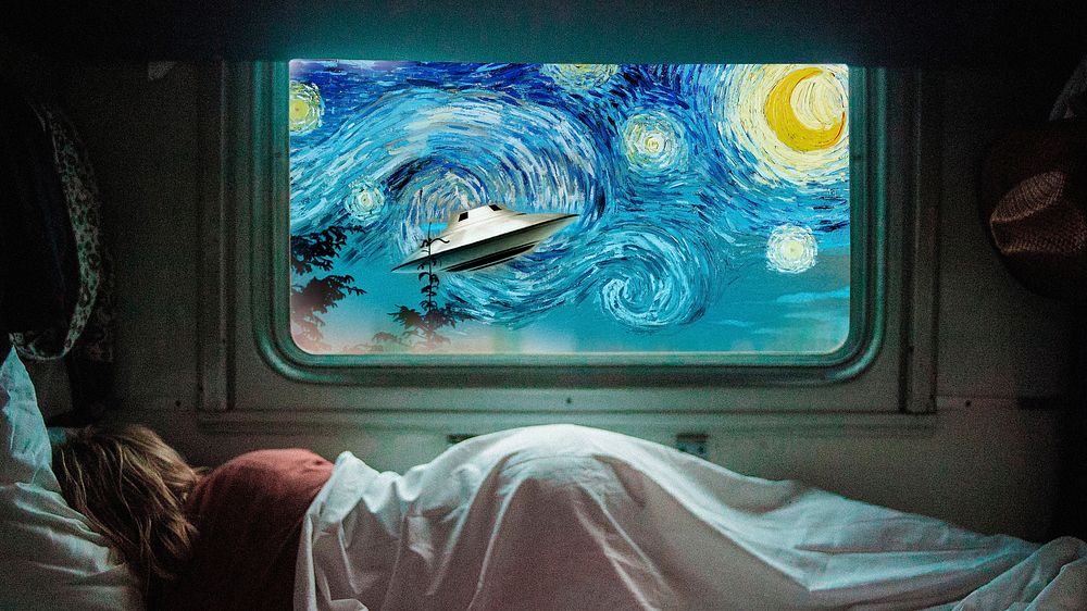 Starry Night desktop wallpaper, woman sleeping, Van Gogh's artwork remixed by rawpixel