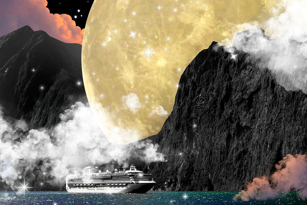 Cruising collage art, surreal escapism remixed media psd