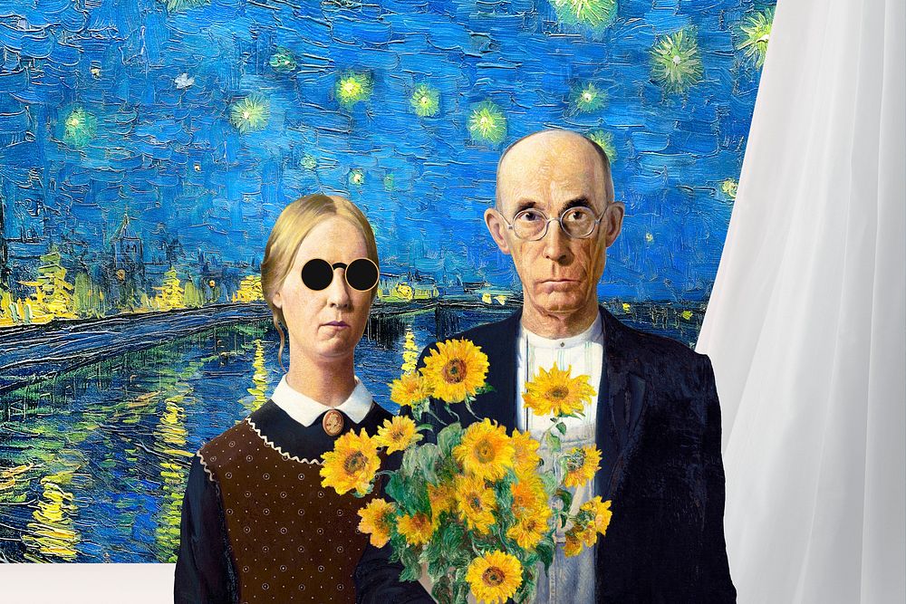American Gothic mixed media background, Grant Wood's artwork remixed by rawpixel