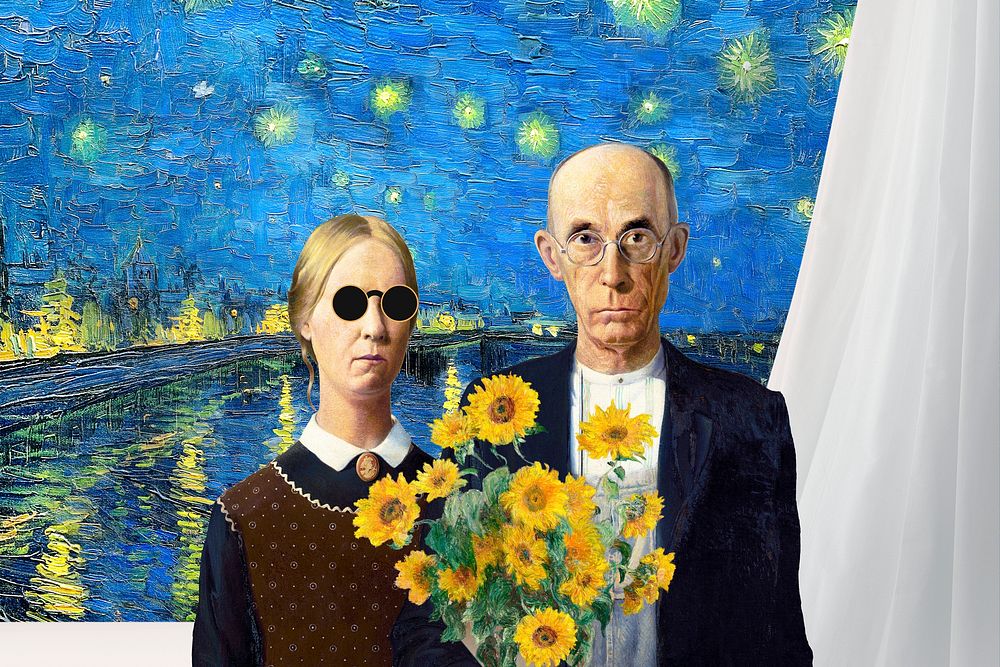 American Gothic mixed media, Grant Wood's artwork remixed by rawpixel psd