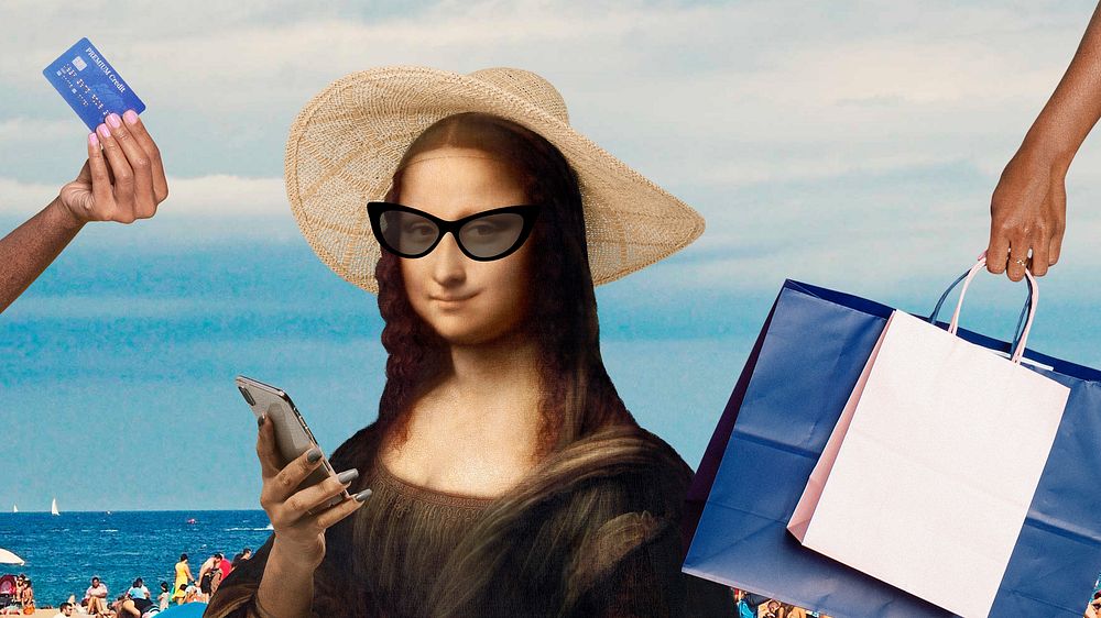 Mona Lisa shopping desktop wallpaper, Da Vinci's famous painting remixed by rawpixel