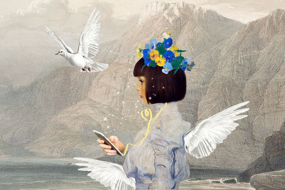 Angel mixed media background, Gustav Klimt's artwork remixed by rawpixel
