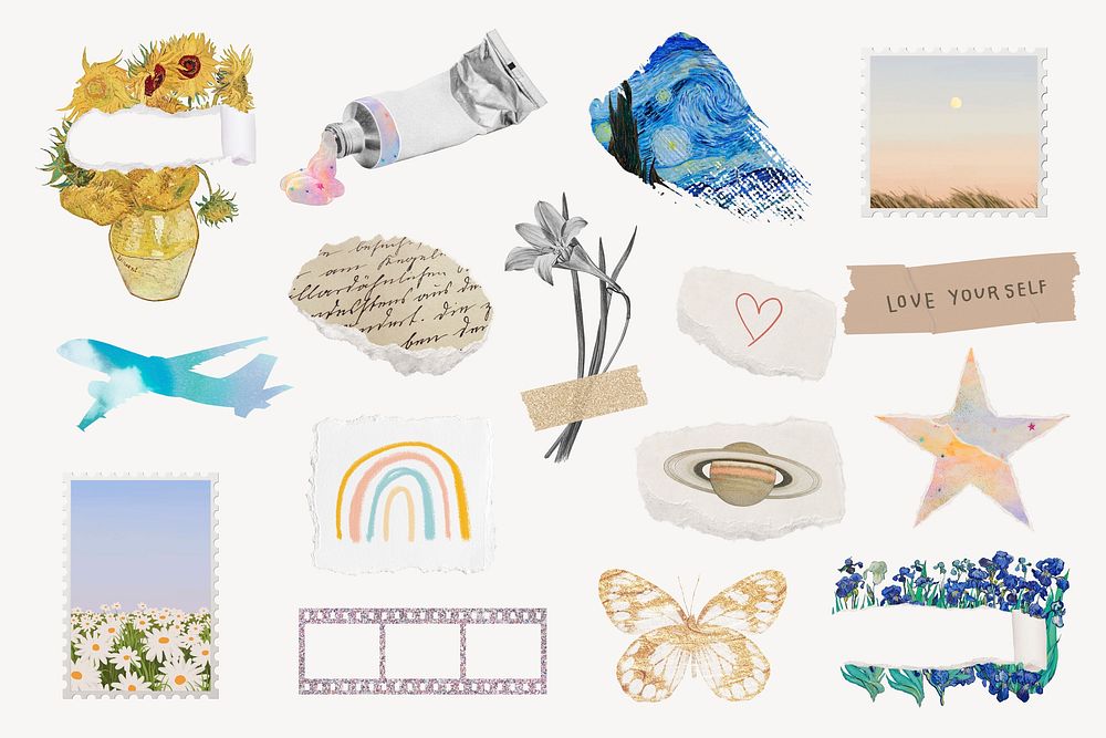 Aesthetic art collage element set, ripped paper design psd