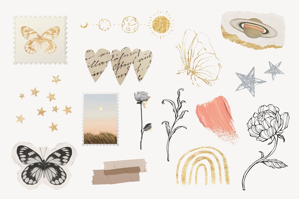 Nature collage element set, ripped paper design psd