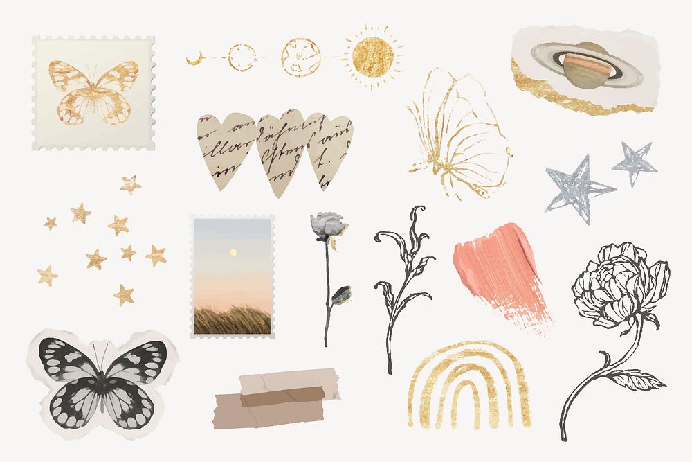 Nature collage element set, ripped paper design vector
