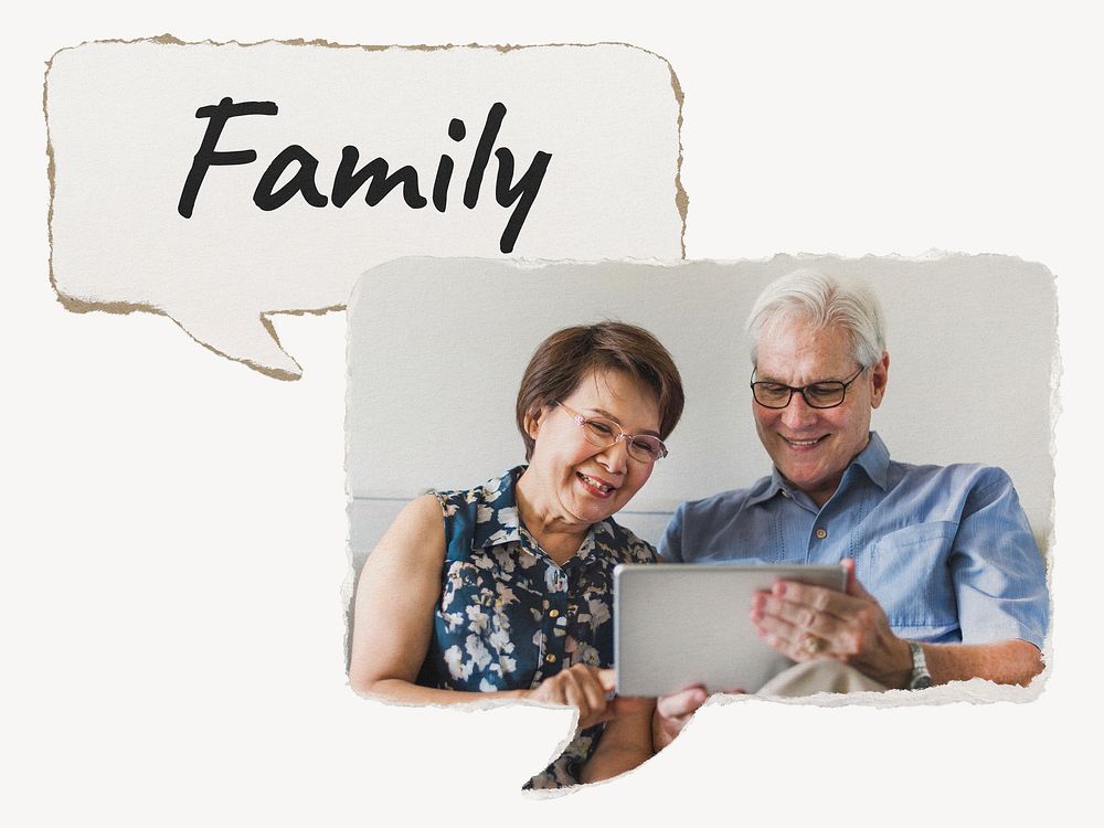 Family speech bubble, senior couple holding tablet