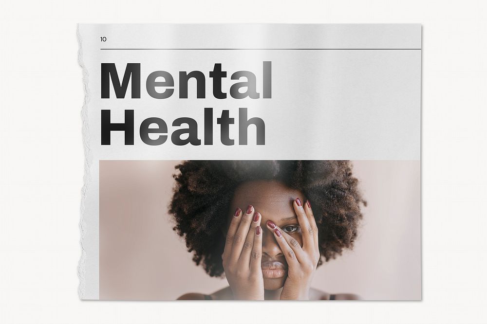 Mental health newspaper, woman covering face image