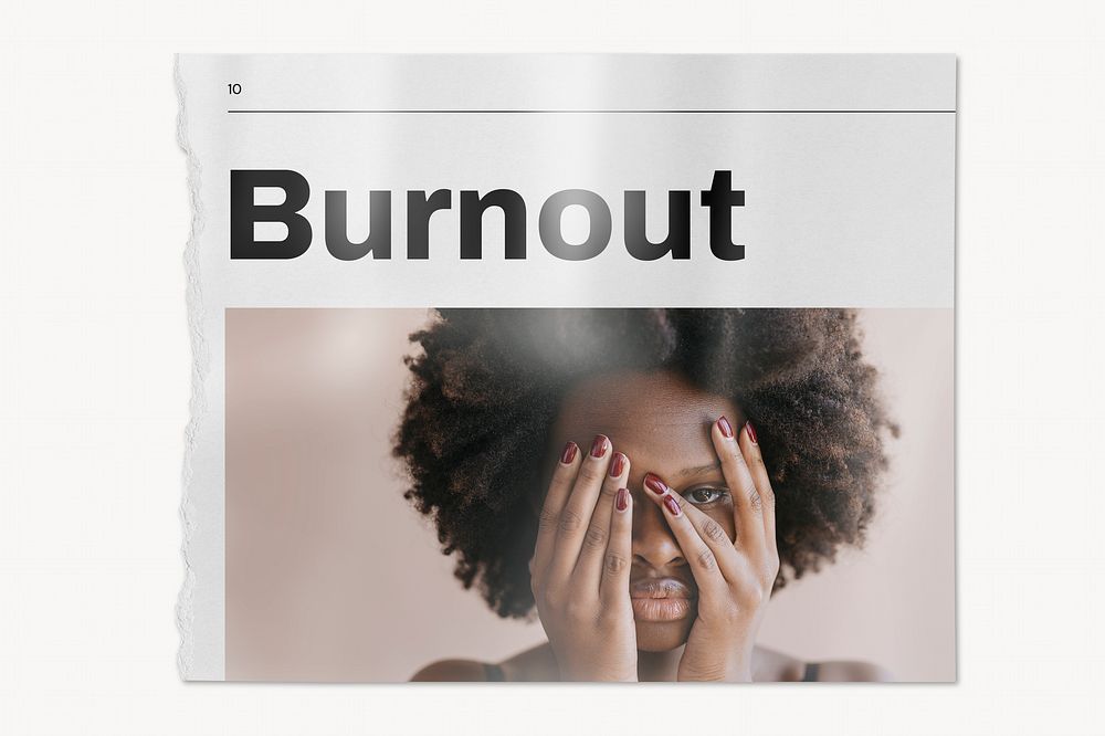 Burnout newspaper, mental health concept with woman covering face image
