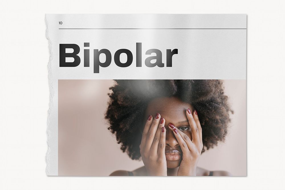 Bipolar newspaper, mental health concept with woman covering face image