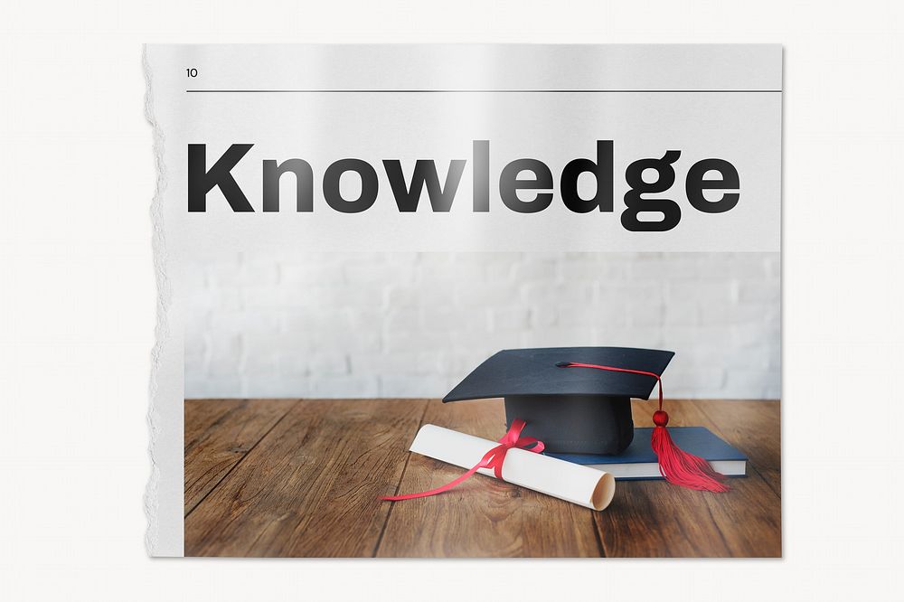 Knowledge newspaper, graduation cap, scroll image 