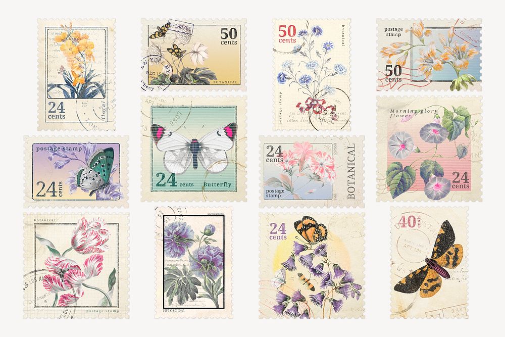 Flower postage stamp illustration, vintage graphic psd set