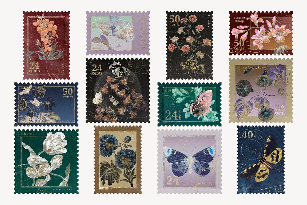 Flower postage stamp illustration, vintage graphic psd set