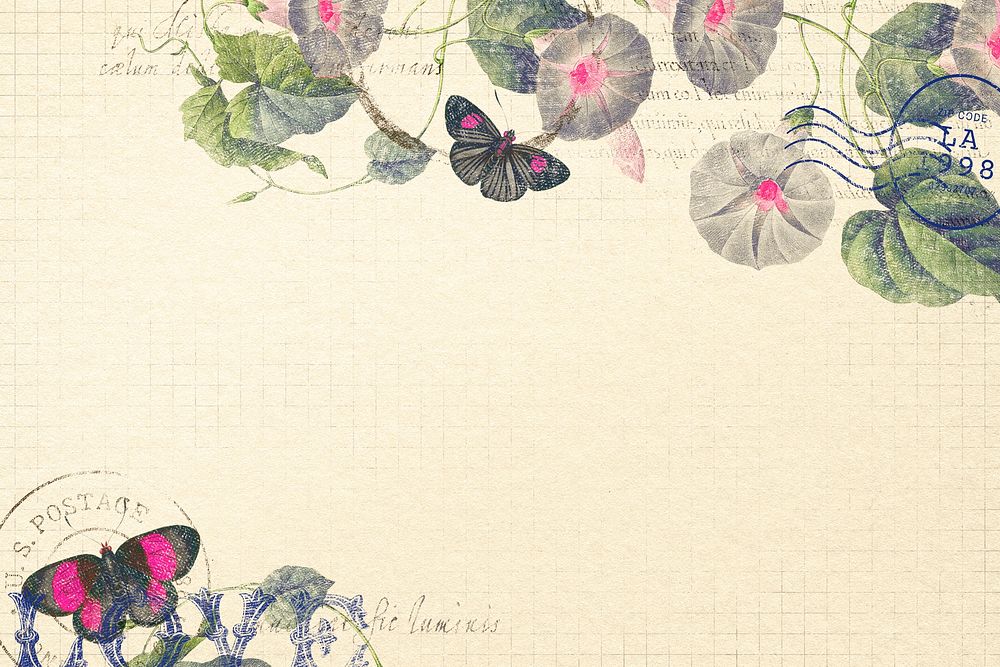 Flowers and butterflies background, ephemera illustration psd