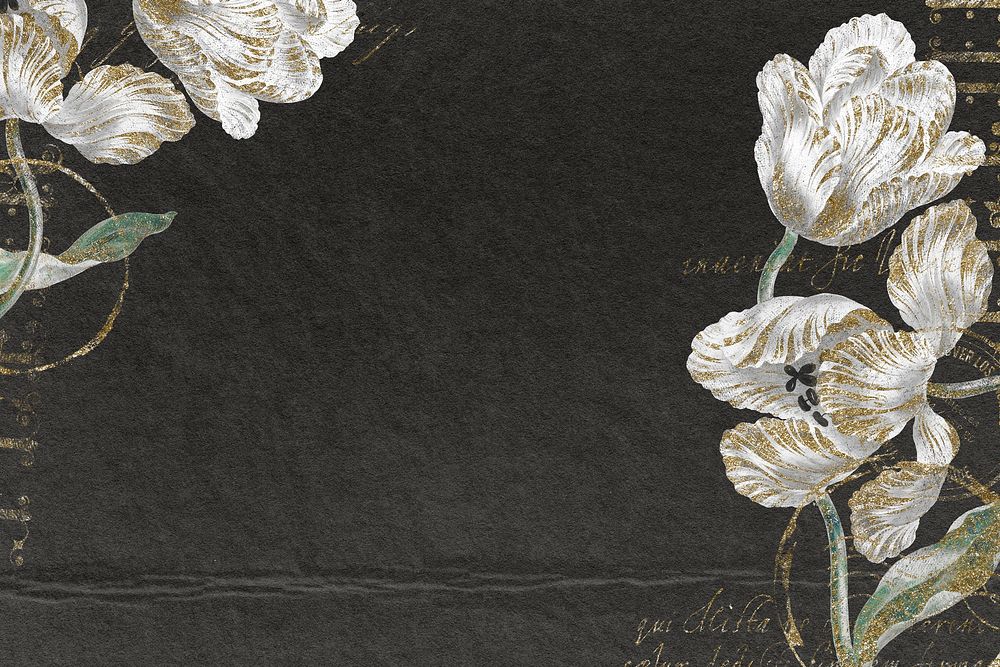 Ephemera white flower on black background, vintage illustration psd