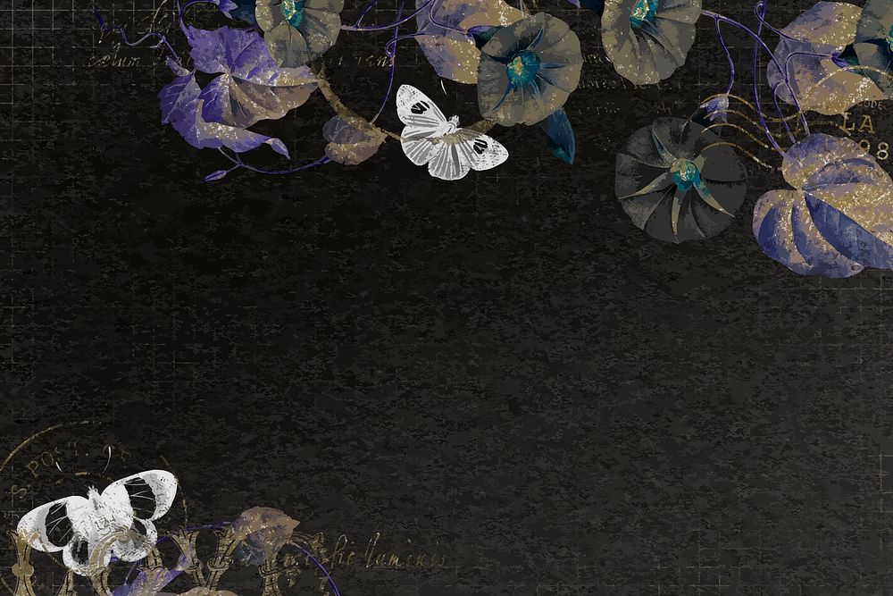Flowers and butterflies on black background, aesthetic illustration vector