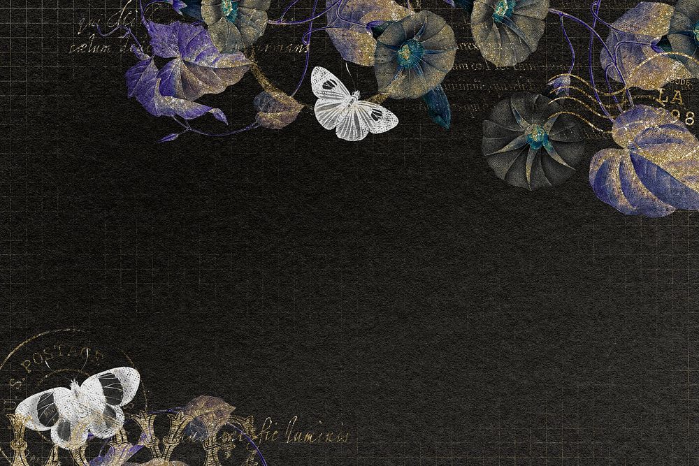 Flowers and butterflies on black background, aesthetic illustration psd