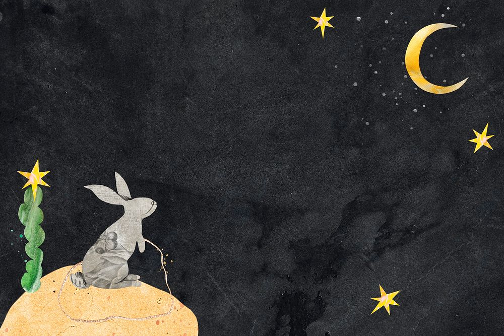 Rabbit moon border background, galaxy paper collage in black