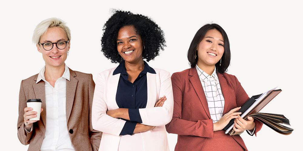 Female corporate business colleagues, isolated on off white