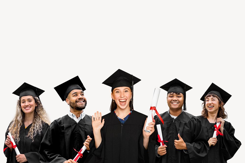 Diverse graduating students, isolated on off white