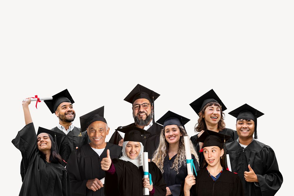 Diverse graduating students, isolated on off white