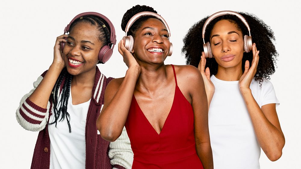 Happy diverse women with headphones, isolated on off white