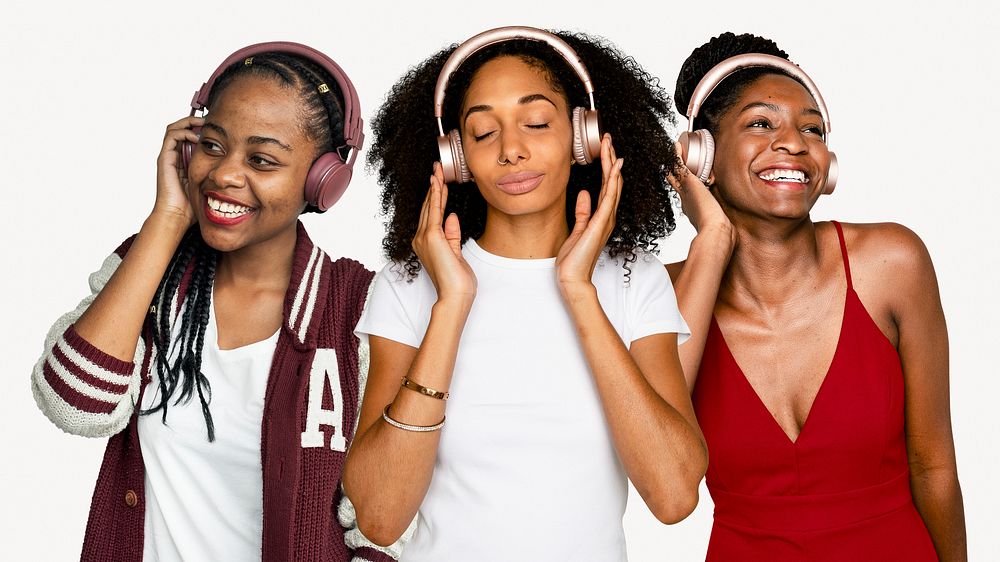 Happy diverse women listening to music, isolated on off white