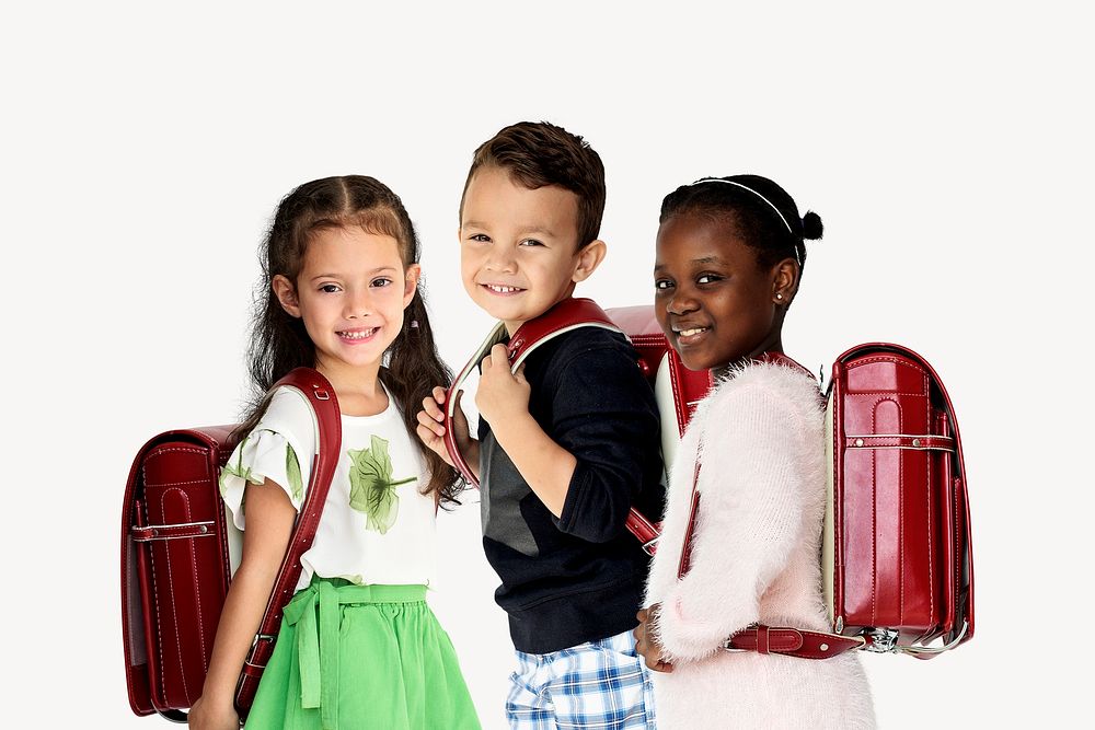 Back to school kids, isolated on off white