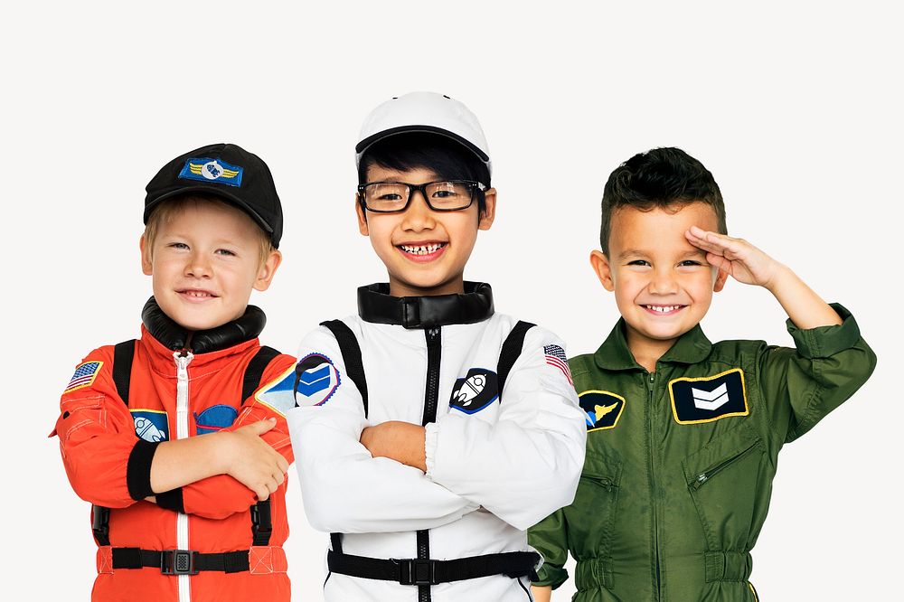 Kids in job costumes, isolated on off white
