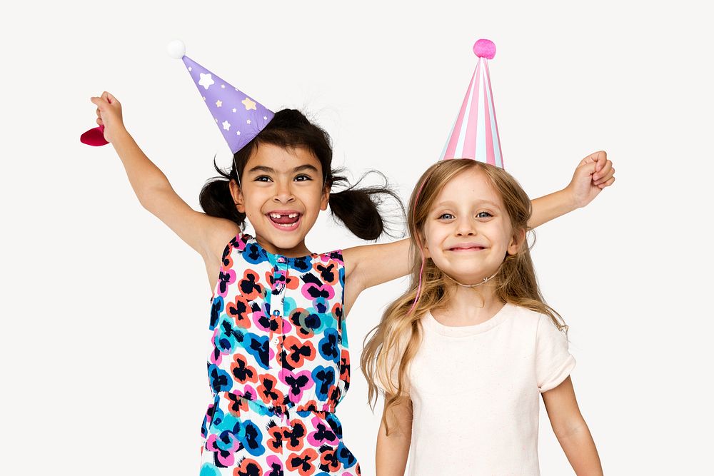 Happy kids celebrating birthday, isolated on off white