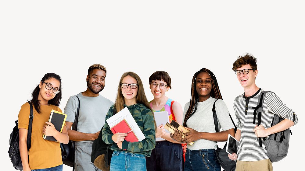 High school students carrying books, isolated on off white