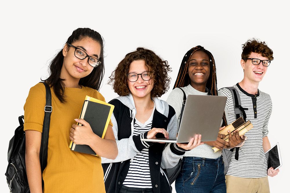 Happy young students, isolated on off white