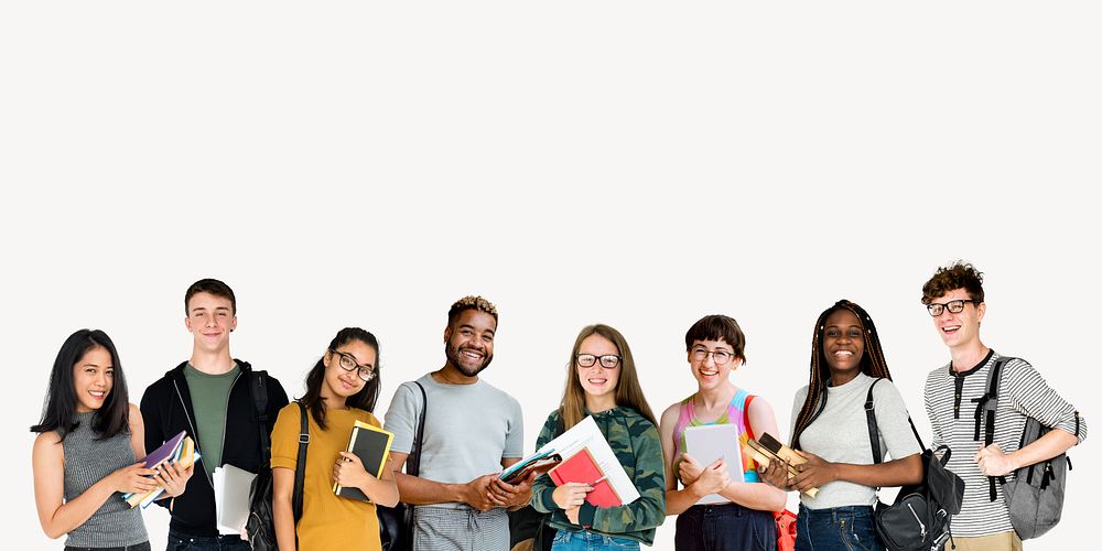 High school students with homework, isolated on off white